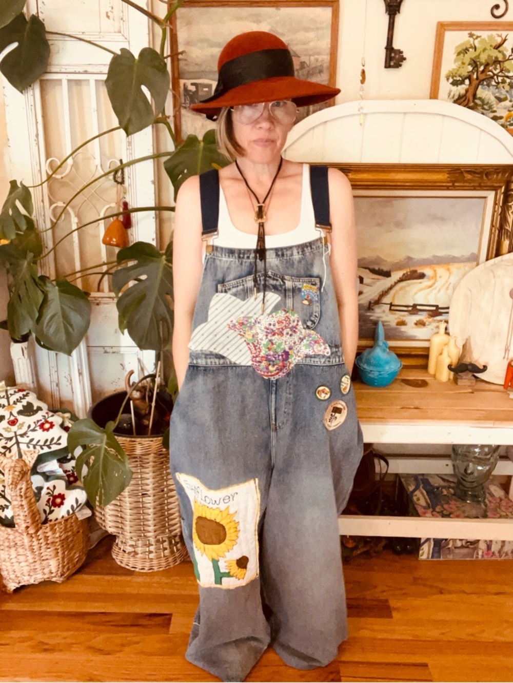 OOAK Vintage Gardening Eclectic Grandpa Upcycle Overalls Quilted Poppy - Picture 2 of 12